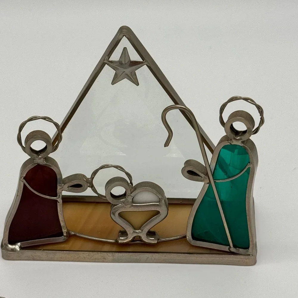 Vintage Stained Glass Nativity Scene Set Miniature Creche & Angel Ornament 4.5x4